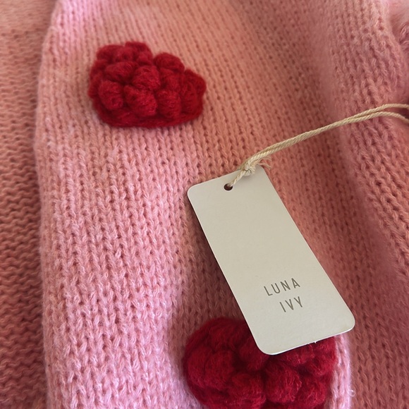 NWT LUNA IVY Heart 3D Knitted Chunky Cardigan Sweater Pink Red Open Front - Picture 8 of 9